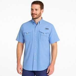 Columbia PFG Men Bahama Shirt Outdoor Fishing Turquoise Blue Check Vented Size L